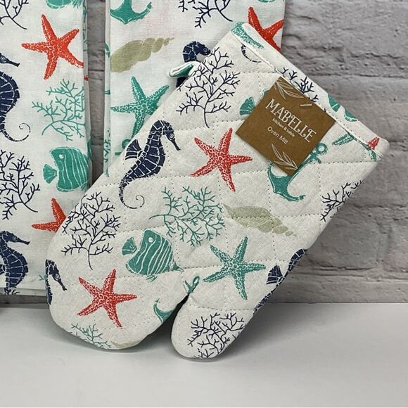 Nautical Beach Theme 4 Piece Kitchen Set 2 Dish Towels 1 Pot Holder 1 Oven Mitt - Picture 8 of 12